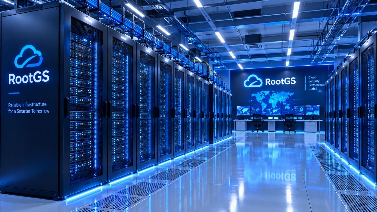 RootGS 品牌机房展示图:蓝色灯光下的服务器机柜与监控区域